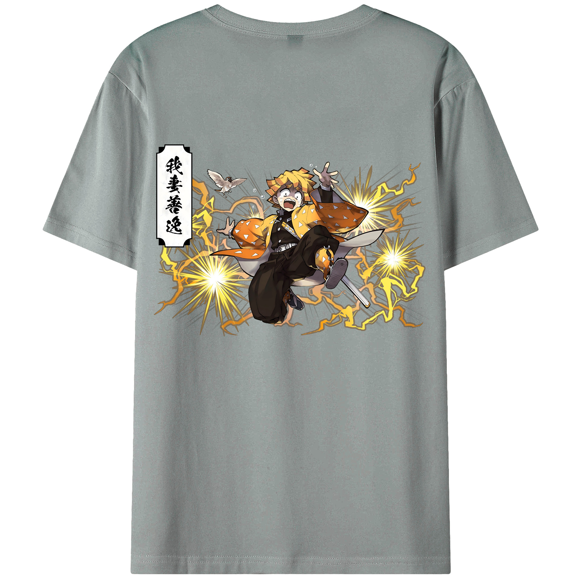 （画像用） 鬼滅の刃（きめつのやいば）我妻 善逸／あがつま ぜんいつ Agatsuma Zenitsu 綿100％ メンズ半袖Tシャツ（バックプリント） 通気性